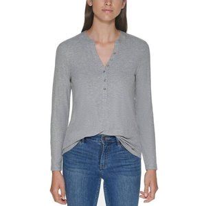 Calvin Klein Womens Split Neck Ribbed Shirt Henley Top Heather Gray Size L